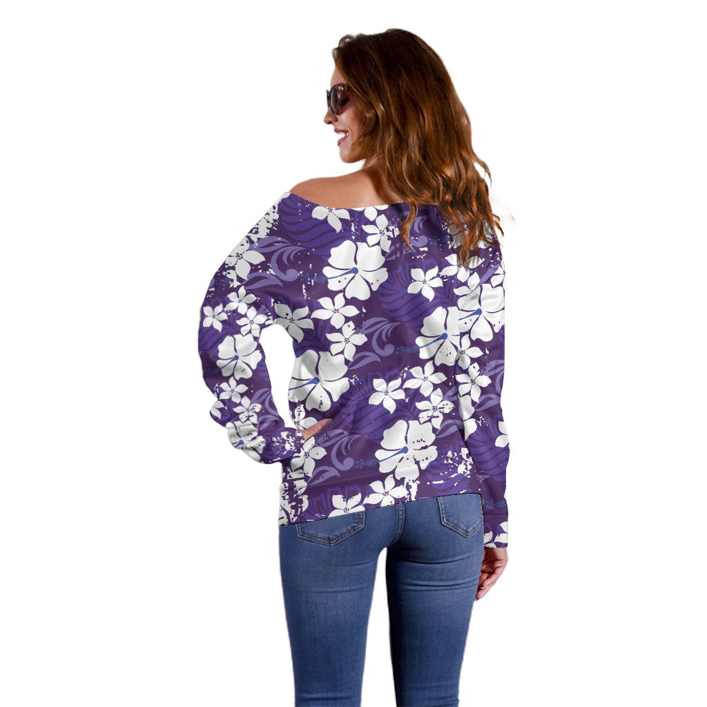 Purple Hawaiian Hibiscus Monstera Off Shoulder Sweater Grunge Stylized