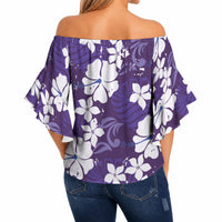 Purple Hawaiian Hibiscus Monstera Off Shoulder Wrap Waist Top Grunge Stylized