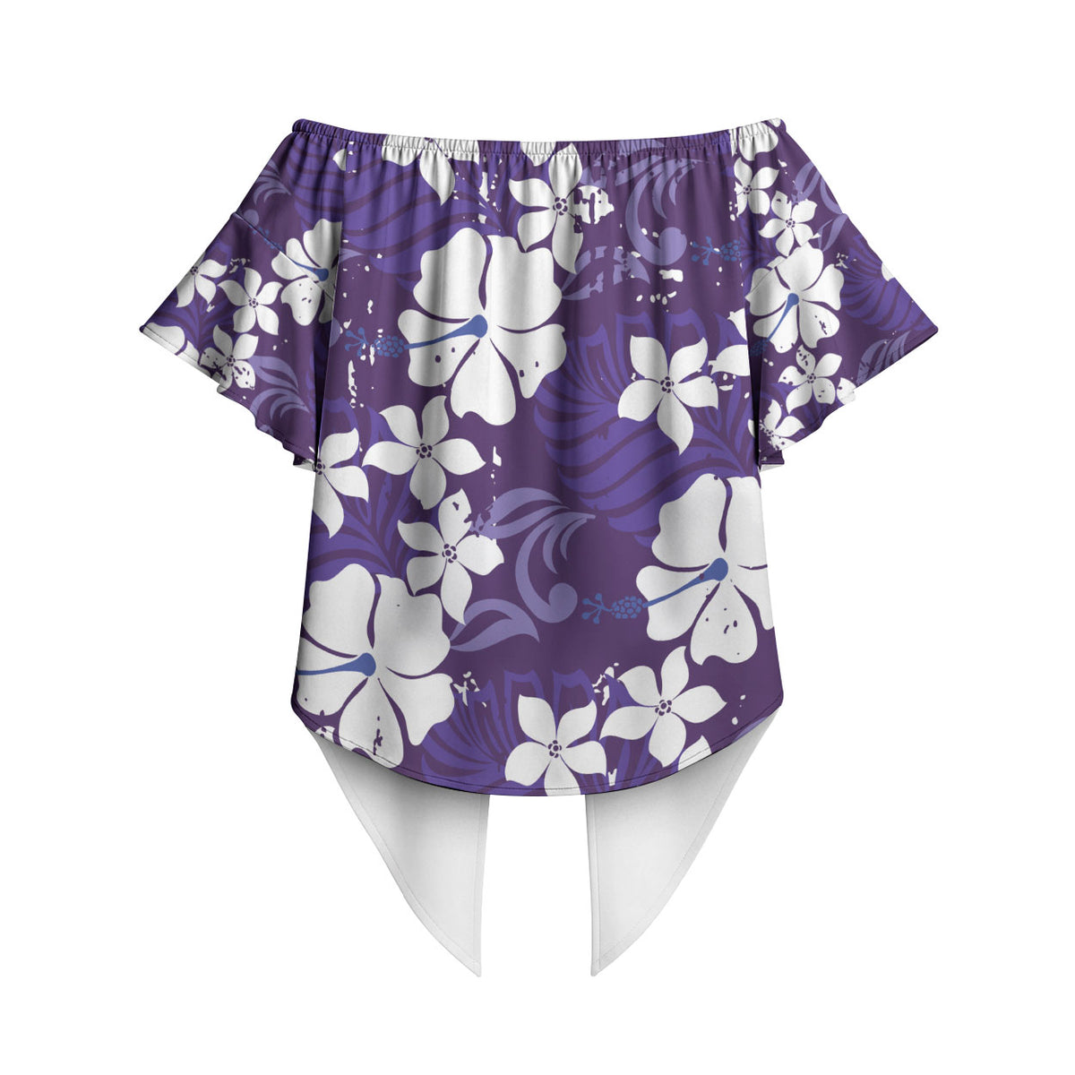 Purple Hawaiian Hibiscus Monstera Off Shoulder Wrap Waist Top Grunge Stylized