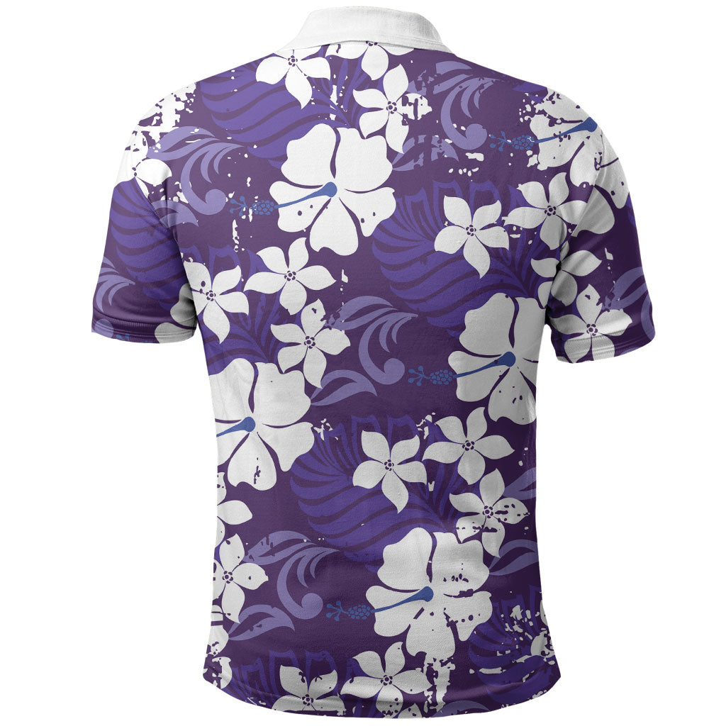 Purple Hawaiian Hibiscus Monstera Polo Shirt Grunge Stylized