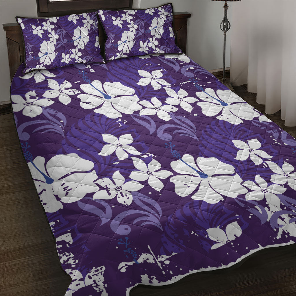 Purple Hawaiian Hibiscus Monstera Quilt Bed Set Grunge Stylized