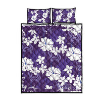 Purple Hawaiian Hibiscus Monstera Quilt Bed Set Grunge Stylized