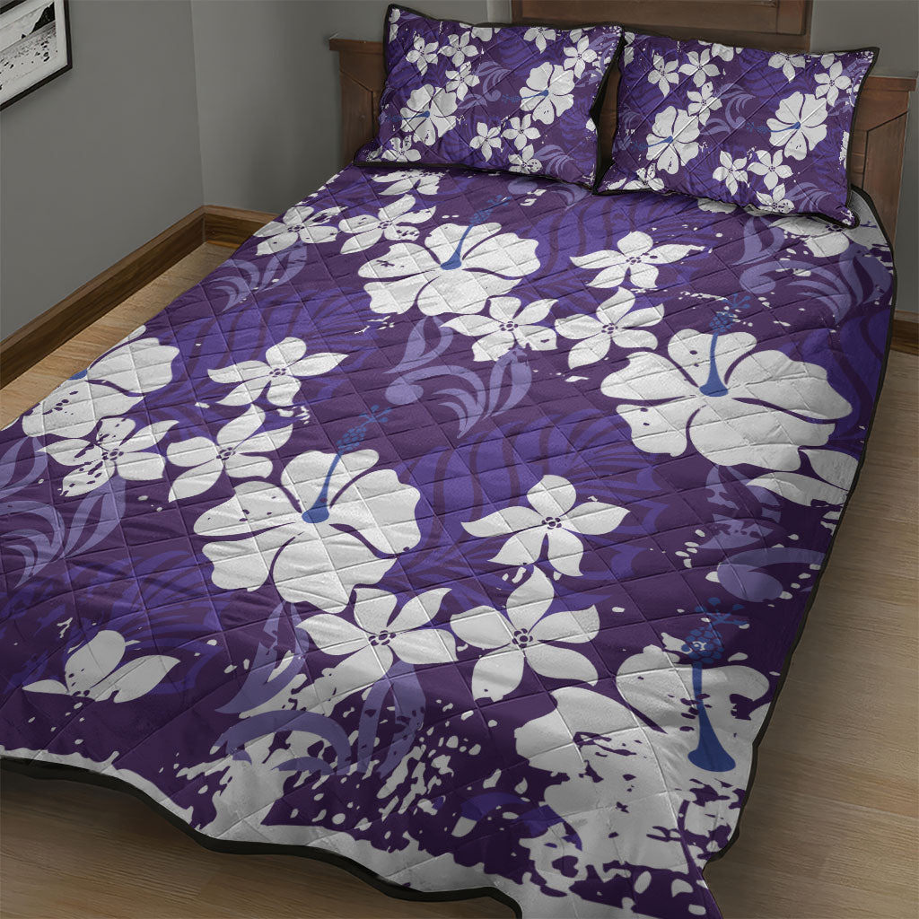 Purple Hawaiian Hibiscus Monstera Quilt Bed Set Grunge Stylized