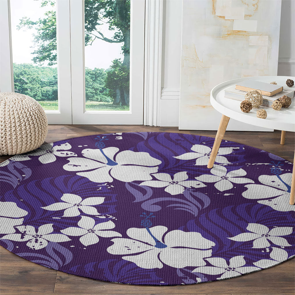 Purple Hawaiian Hibiscus Monstera Round Carpet Grunge Stylized