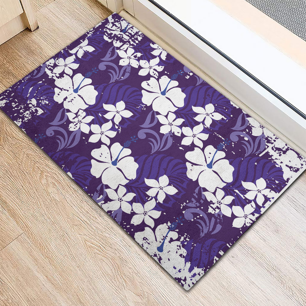 Purple Hawaiian Hibiscus Monstera Rubber Doormat Grunge Stylized
