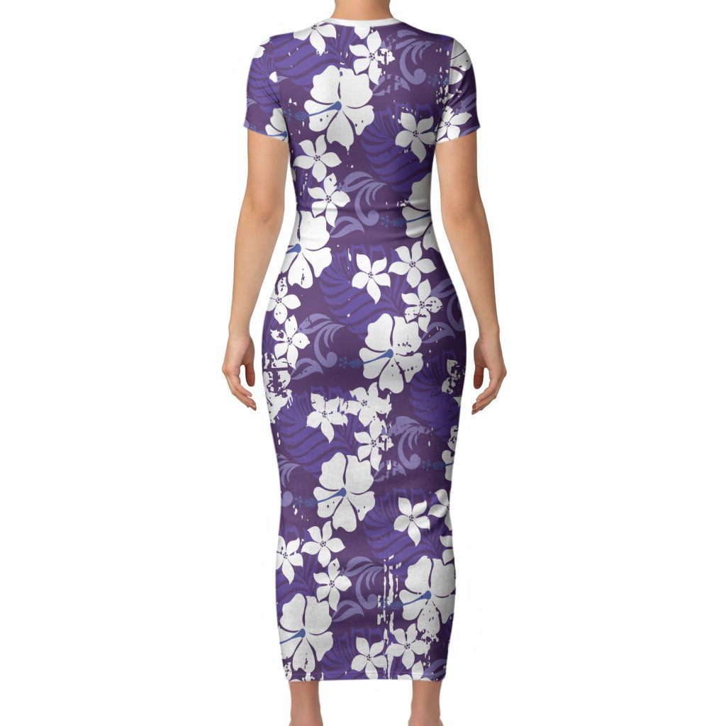 Purple Hawaiian Hibiscus Monstera Short Sleeve Bodycon Dress Grunge Stylized LT01 - Polynesian Pride