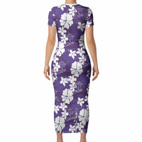 Purple Hawaiian Hibiscus Monstera Short Sleeve Bodycon Dress Grunge Stylized LT01 - Polynesian Pride