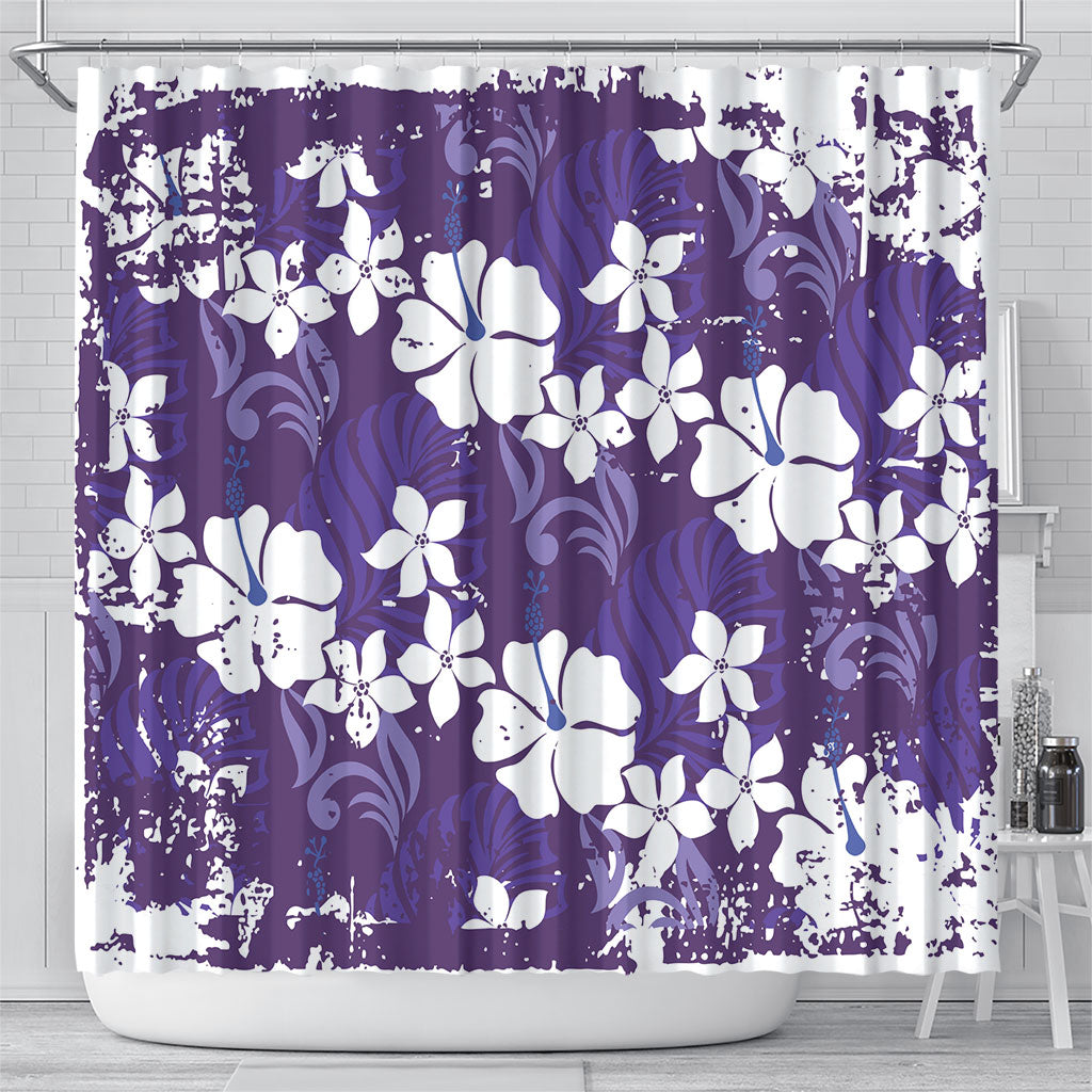 Purple Hawaiian Hibiscus Monstera Shower Curtain Grunge Stylized