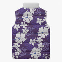 Purple Hawaiian Hibiscus Monstera Sleeveless Puffer Jacket Grunge Stylized