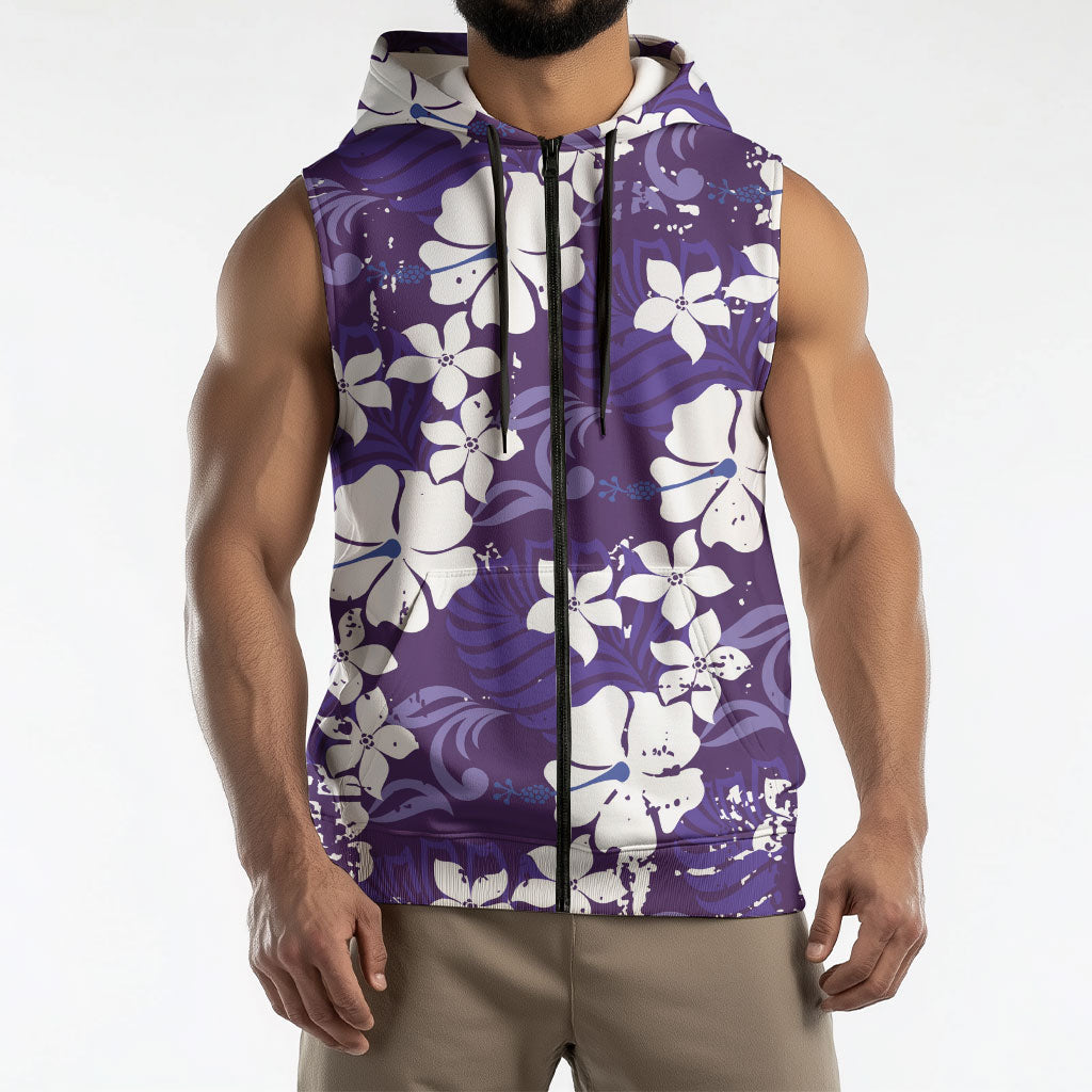 Purple Hawaiian Hibiscus Monstera Sleeveless Zip Hoodie Grunge Stylized