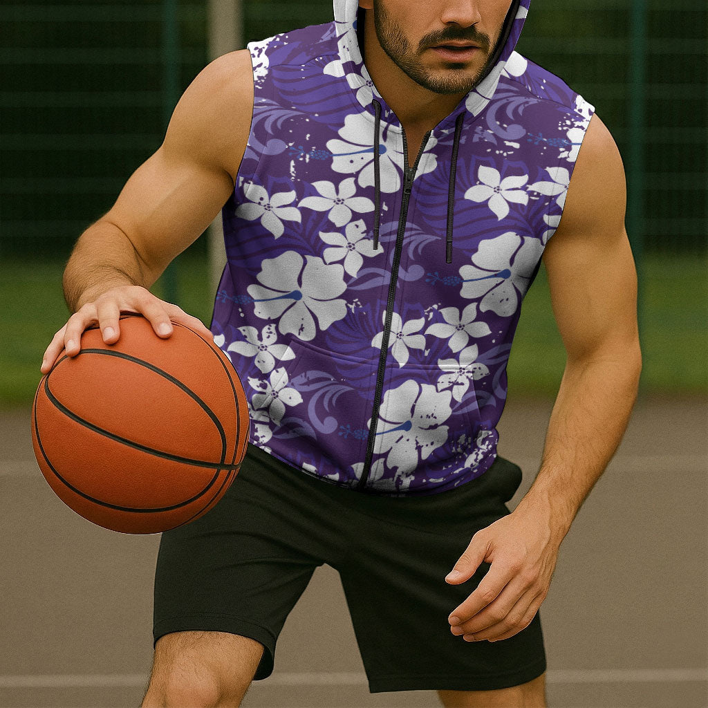 Purple Hawaiian Hibiscus Monstera Sleeveless Zip Hoodie Grunge Stylized