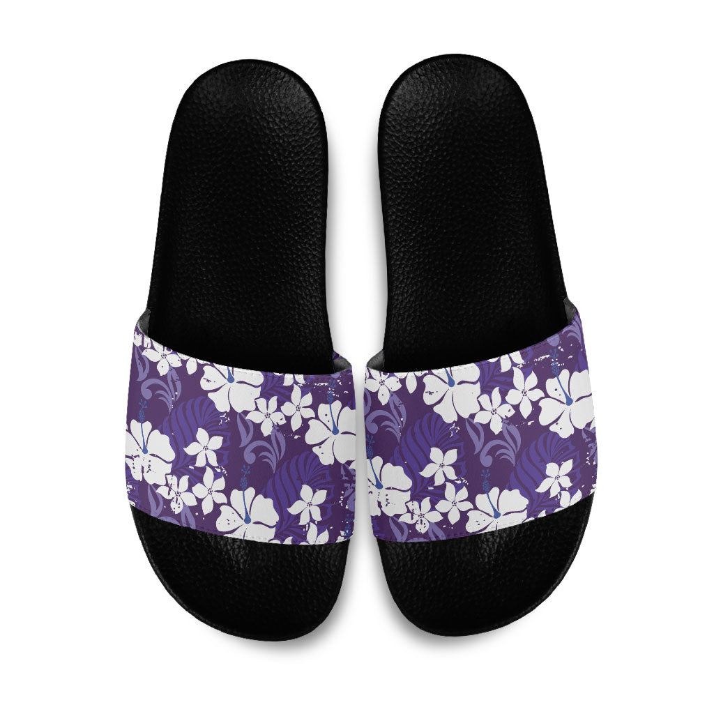 Purple Hawaiian Hibiscus Monstera Slide Sandals Grunge Stylized