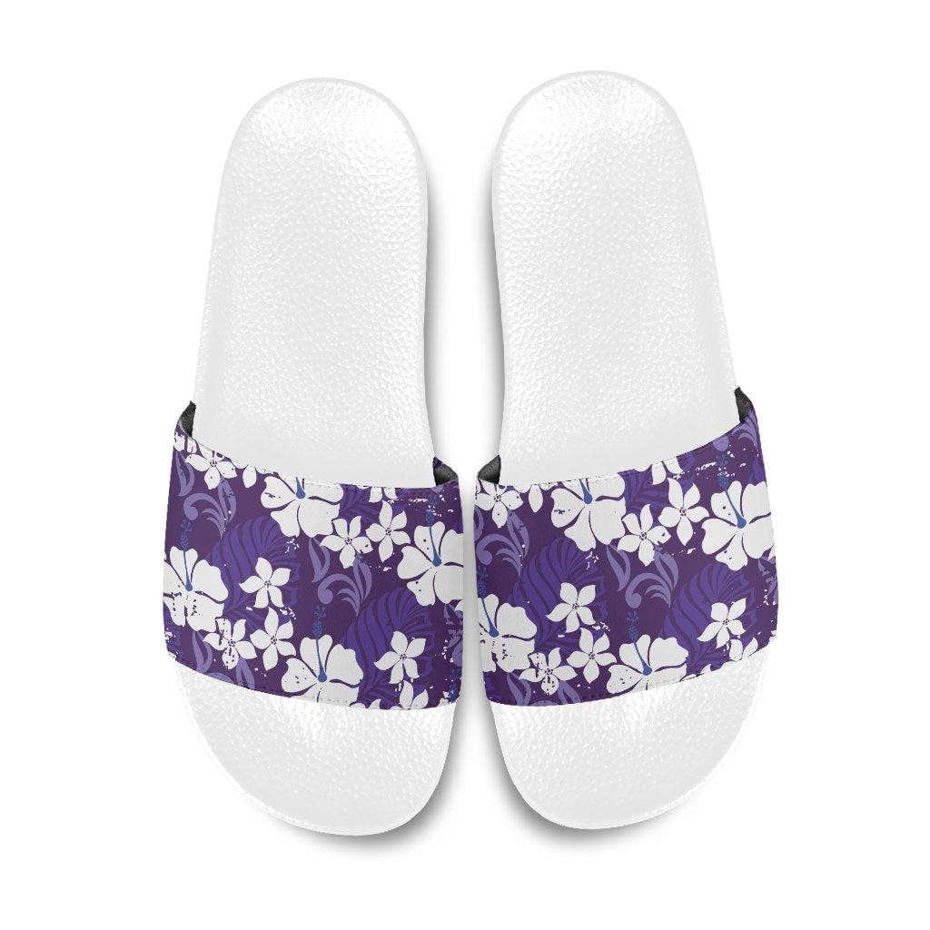Purple Hawaiian Hibiscus Monstera Slide Sandals Grunge Stylized