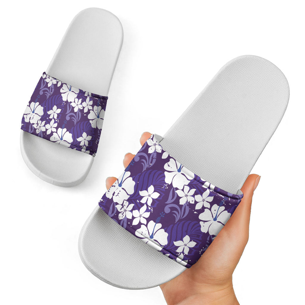 Purple Hawaiian Hibiscus Monstera Slide Sandals Grunge Stylized