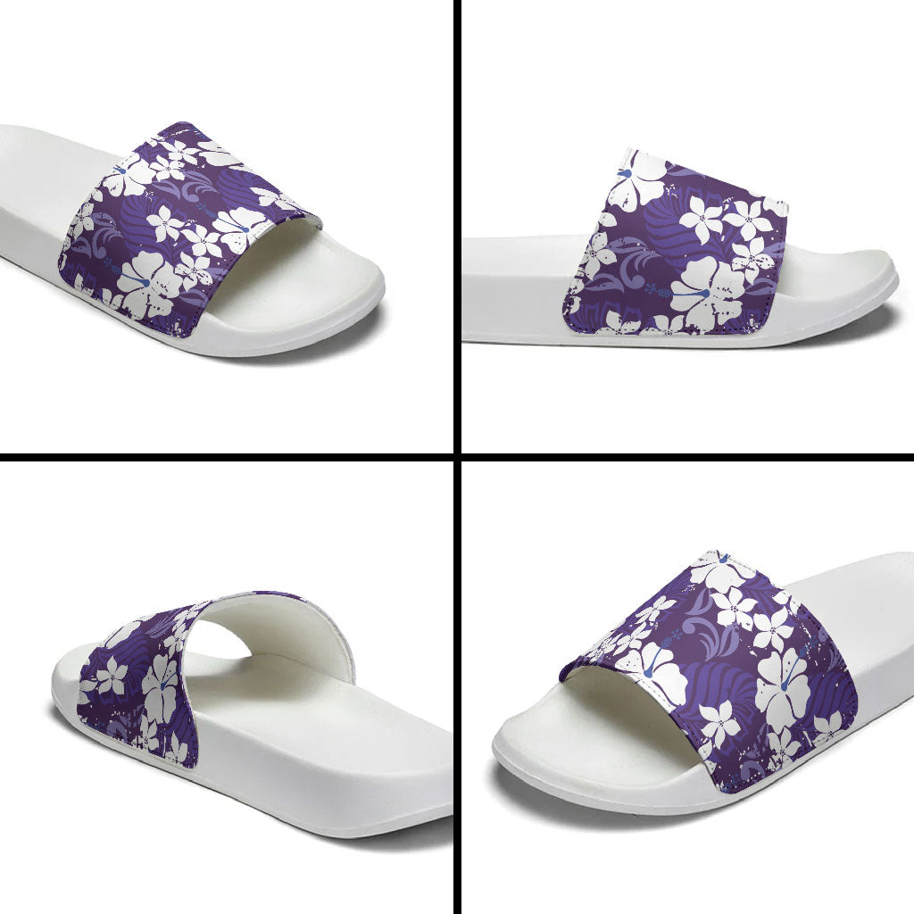 Purple Hawaiian Hibiscus Monstera Slide Sandals Grunge Stylized