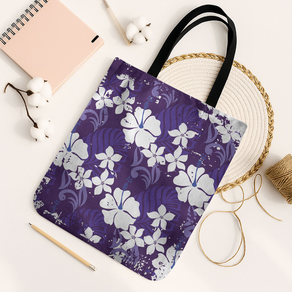 Purple Hawaiian Hibiscus Monstera Tote Bag Grunge Stylized