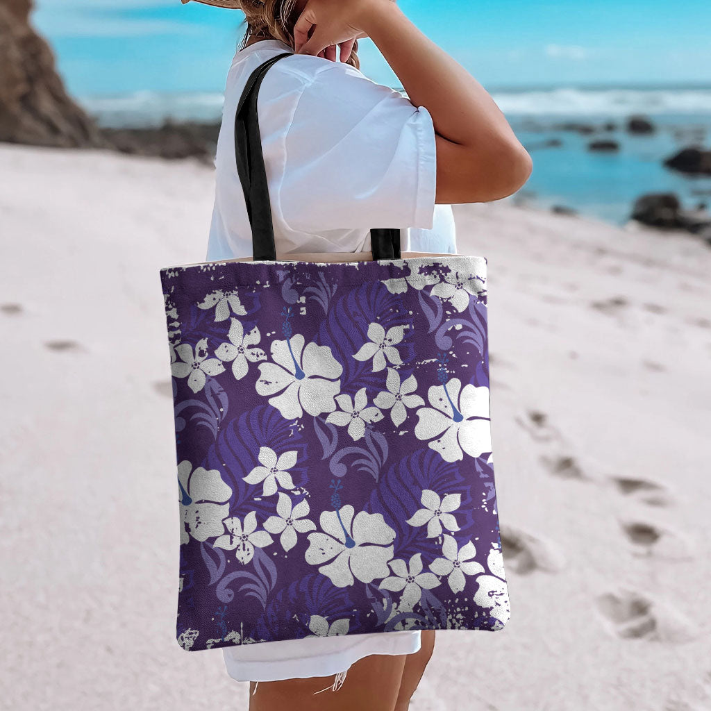 Purple Hawaiian Hibiscus Monstera Tote Bag Grunge Stylized