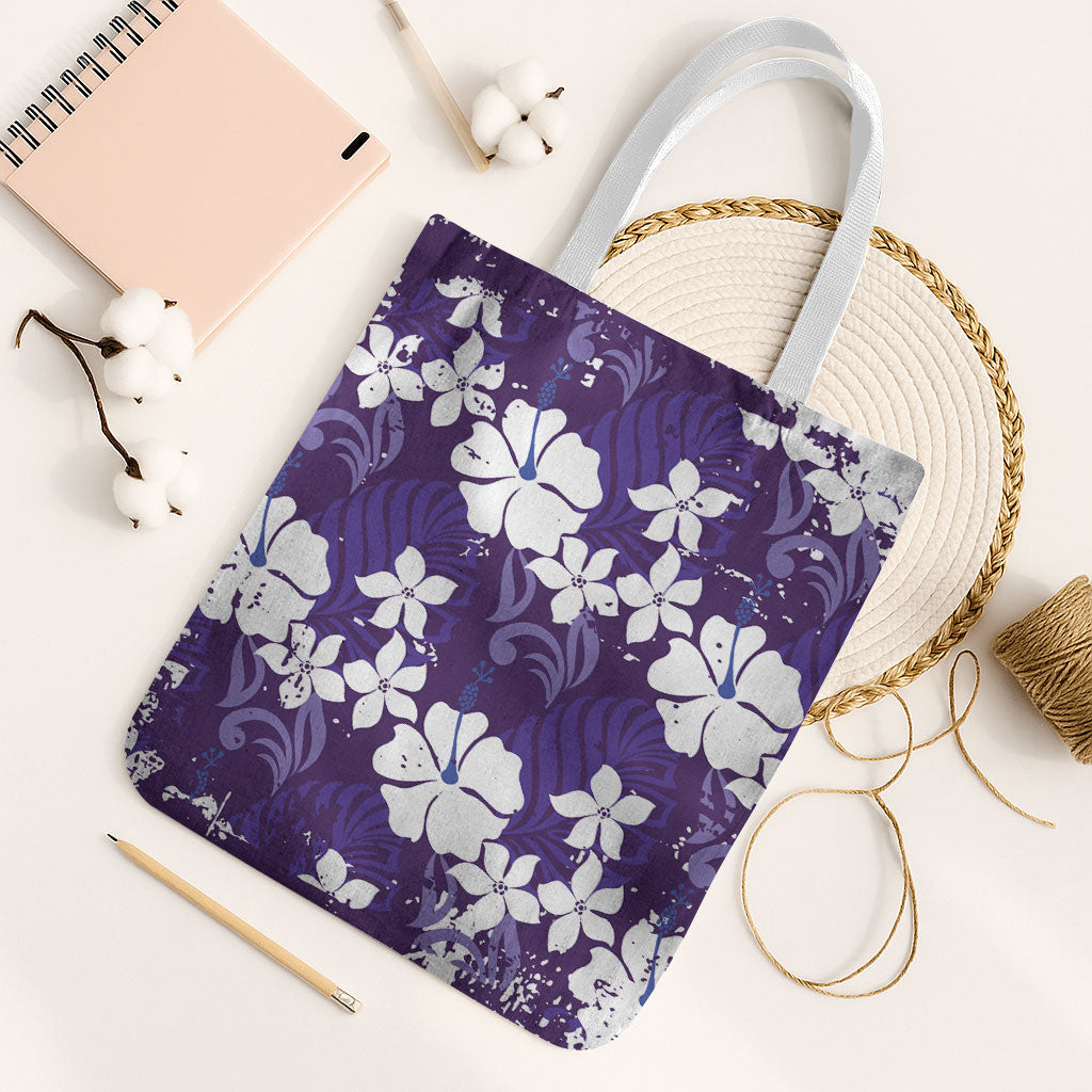 Purple Hawaiian Hibiscus Monstera Tote Bag Grunge Stylized