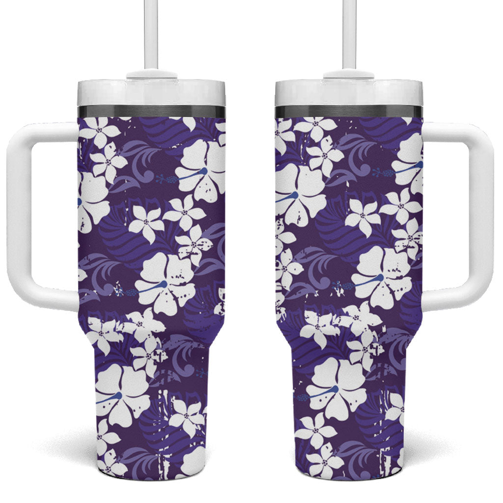 Purple Hawaiian Hibiscus Monstera Tumbler With Handle Grunge Stylized LT01 One Size: 40 oz Purple - Polynesian Pride