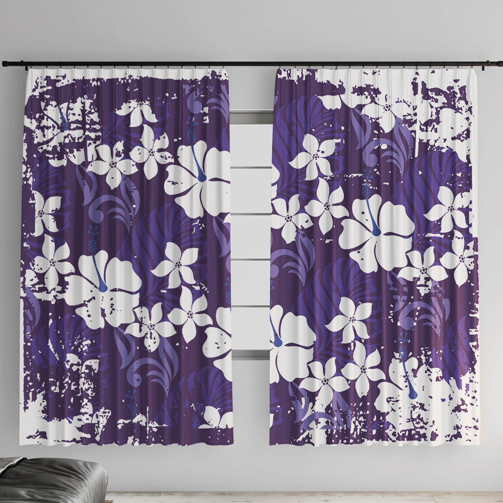 Purple Hawaiian Hibiscus Monstera Window Curtain Grunge Stylized