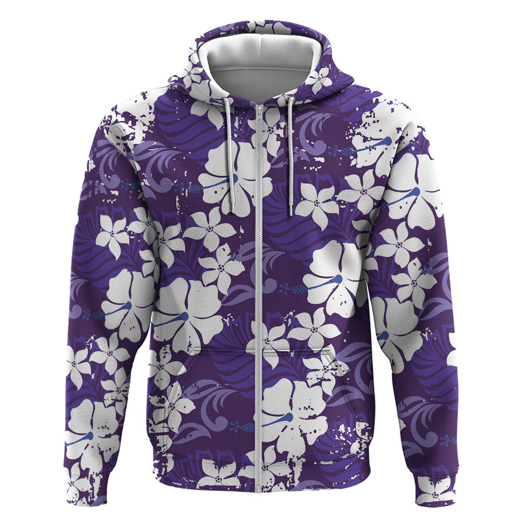 Purple Hawaiian Hibiscus Monstera Zip Hoodie Grunge Stylized