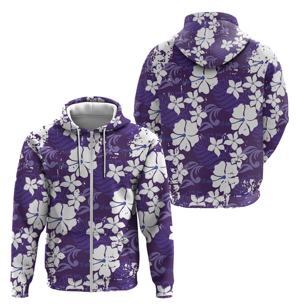 Purple Hawaiian Hibiscus Monstera Zip Hoodie Grunge Stylized