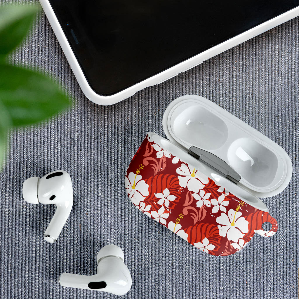 Red Hawaiian Hibiscus Monstera AirPods Case Grunge Stylized