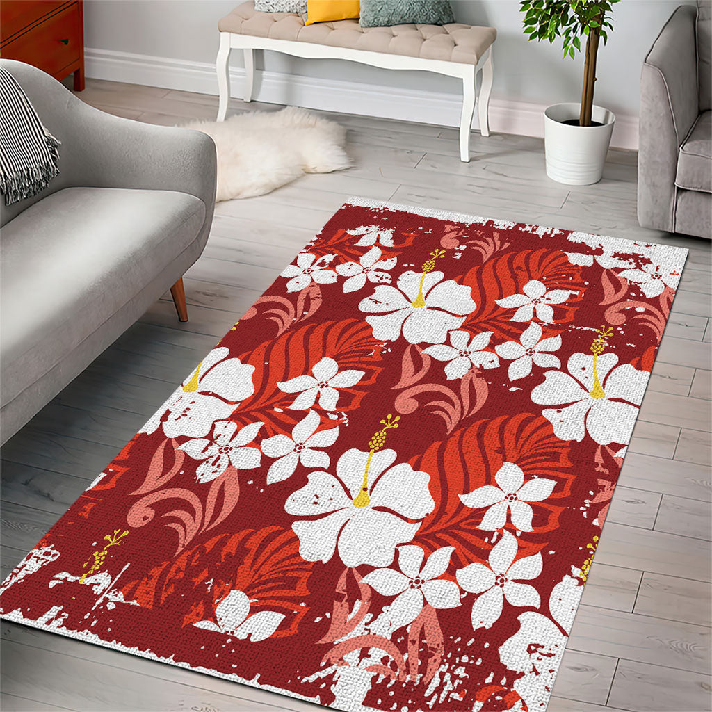 Red Hawaiian Hibiscus Monstera Area Rug Grunge Stylized