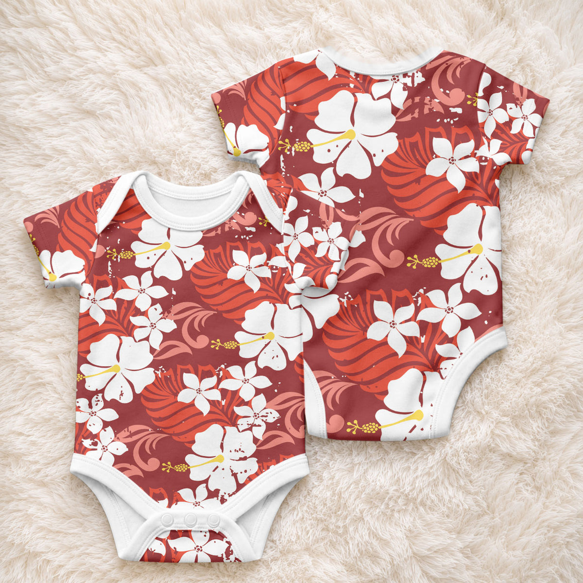 Red Hawaiian Hibiscus Monstera Baby Onesie Grunge Stylized