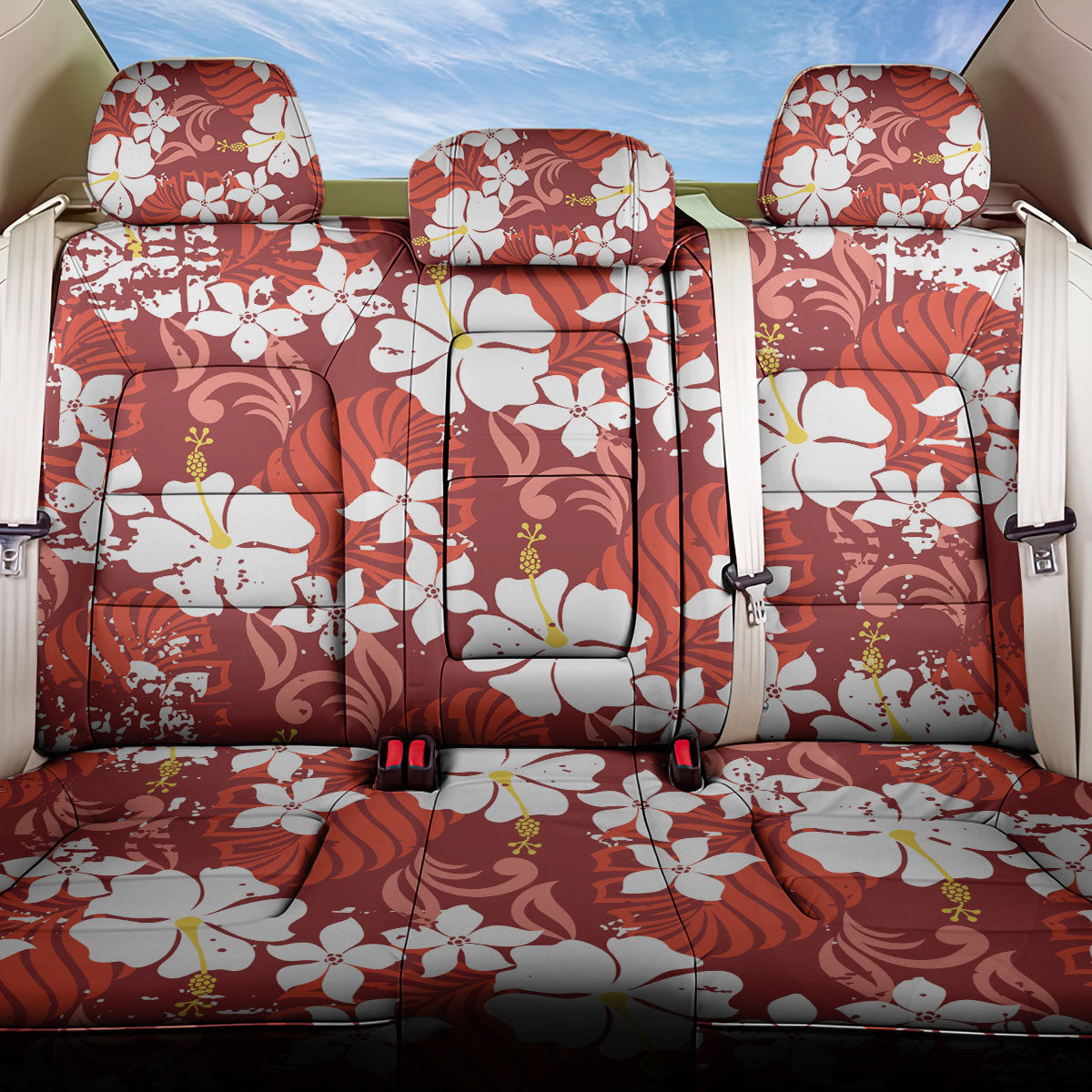 Red Hawaiian Hibiscus Monstera Back Car Seat Cover Grunge Stylized