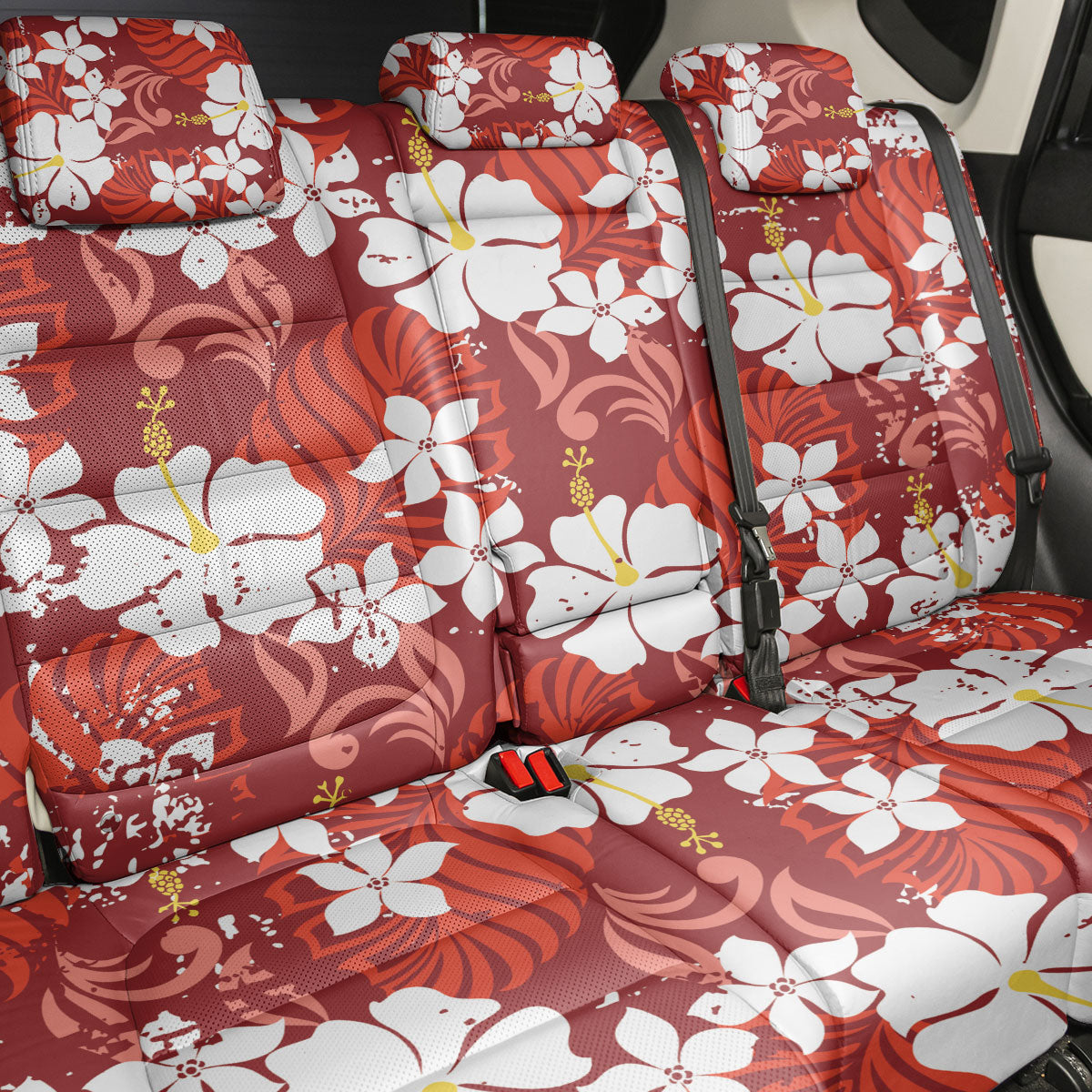 Red Hawaiian Hibiscus Monstera Back Car Seat Cover Grunge Stylized