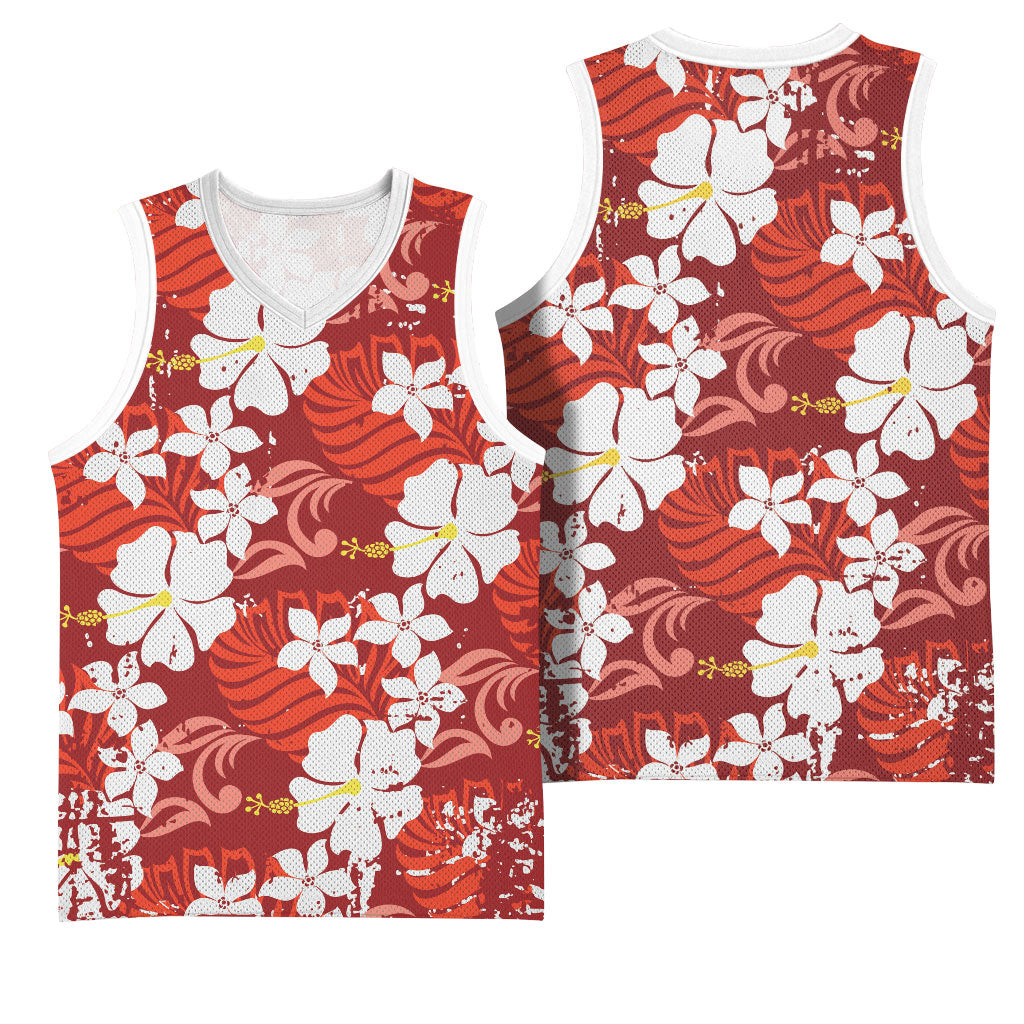 Red Hawaiian Hibiscus Monstera Basketball Jersey Grunge Stylized