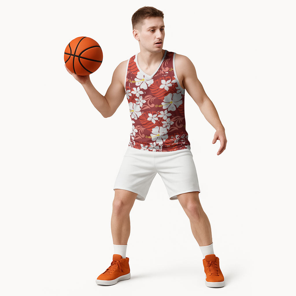 Red Hawaiian Hibiscus Monstera Basketball Jersey Grunge Stylized