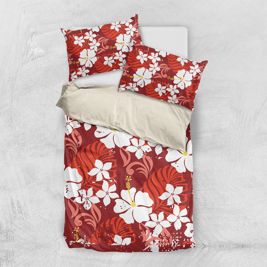 Red Hawaiian Hibiscus Monstera Bedding Set Grunge Stylized
