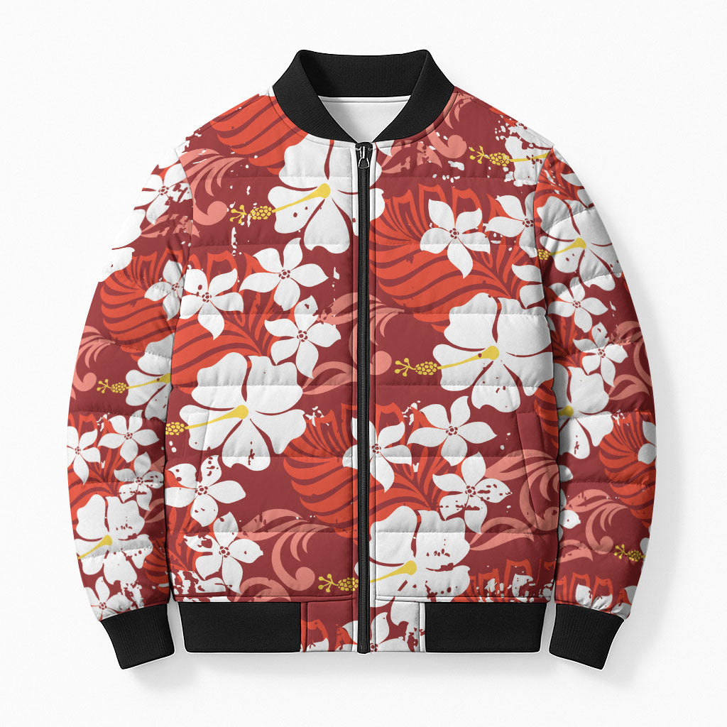 Red Hawaiian Hibiscus Monstera Bomber Puffer Jacket Grunge Stylized