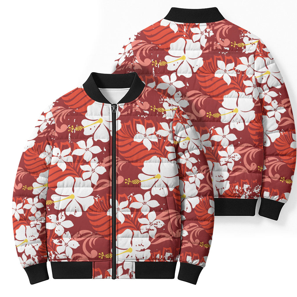 Red Hawaiian Hibiscus Monstera Bomber Puffer Jacket Grunge Stylized
