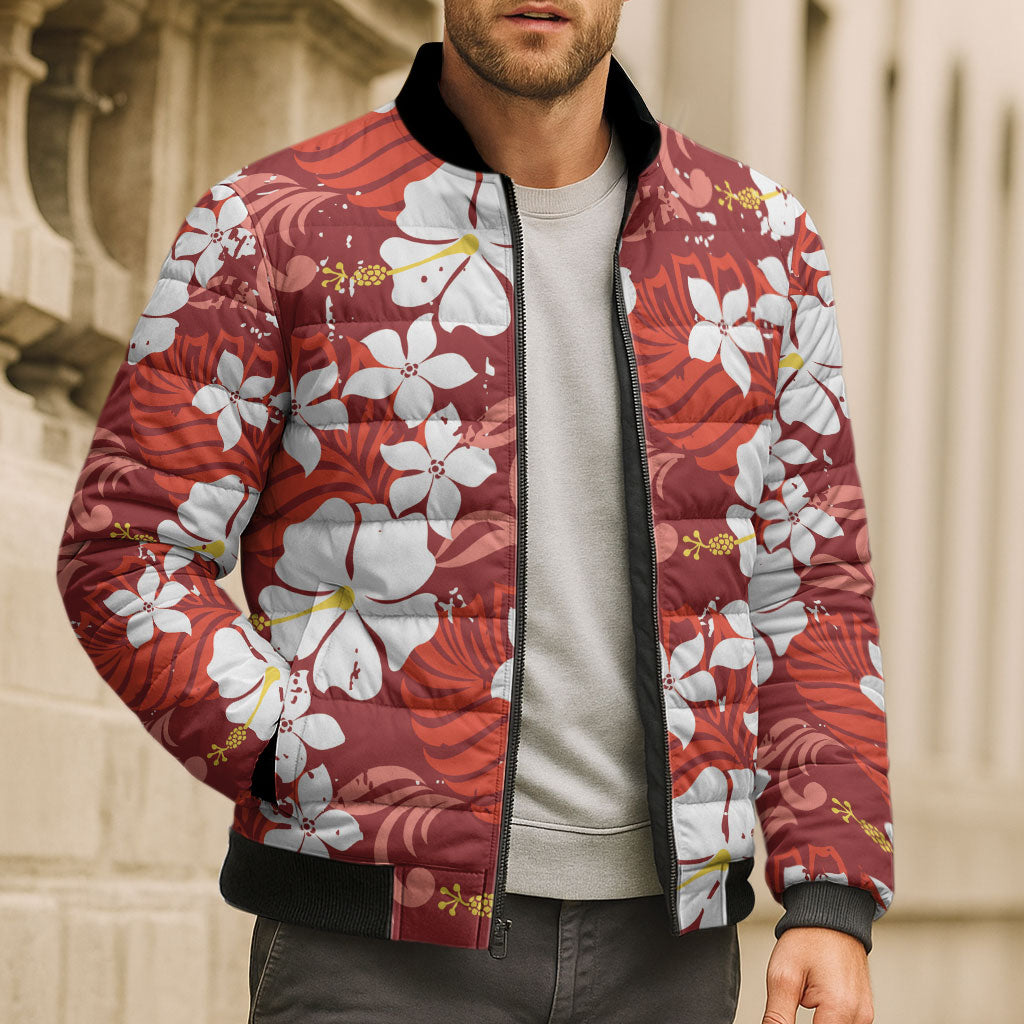 Red Hawaiian Hibiscus Monstera Bomber Puffer Jacket Grunge Stylized