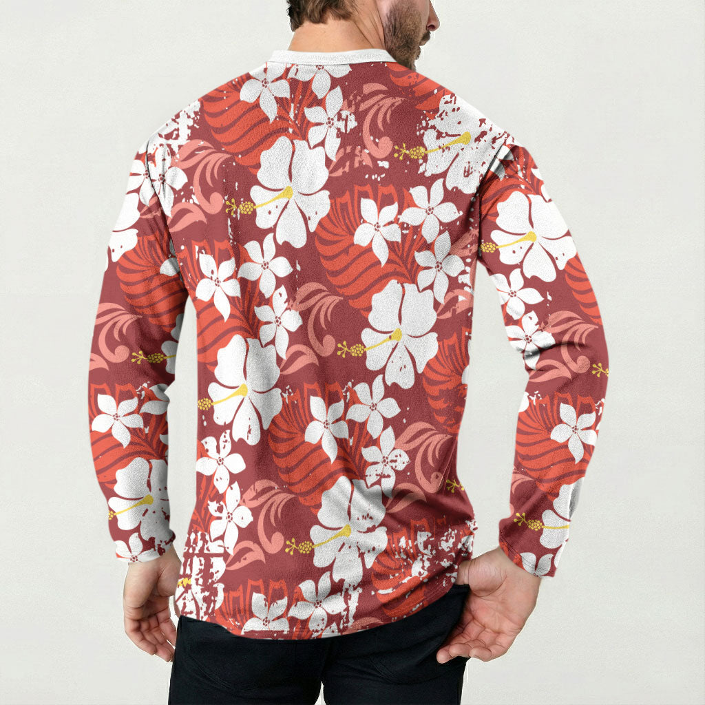 Red Hawaiian Hibiscus Monstera Button Sweatshirt Grunge Stylized