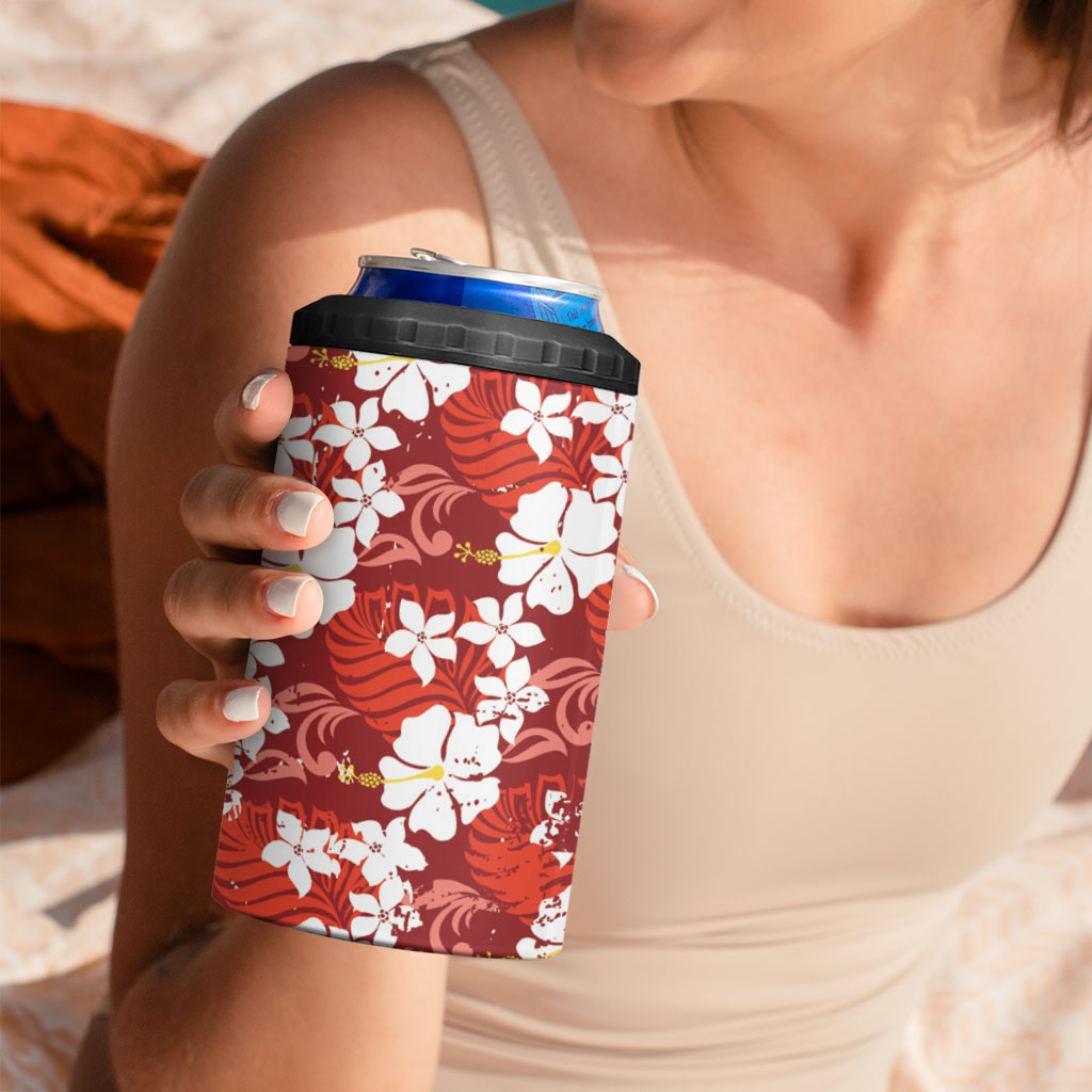 Red Hawaiian Hibiscus Monstera 4 in 1 Can Cooler Tumbler Grunge Stylized