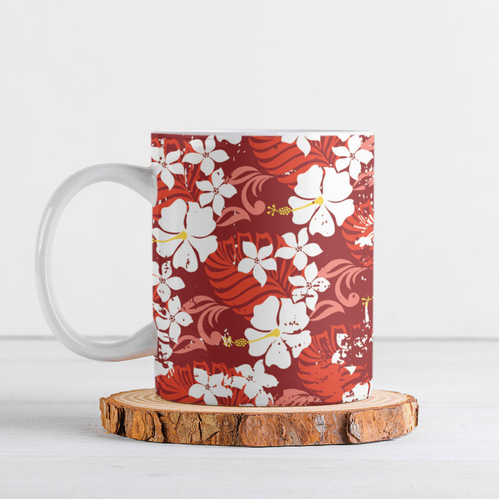 Red Hawaiian Hibiscus Monstera Ceramic Mug Grunge Stylized