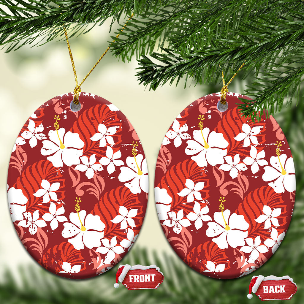 Red Hawaiian Hibiscus Monstera Ceramic Ornament Grunge Stylized LT01 Oval Red - Polynesian Pride