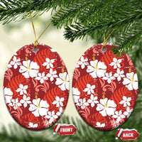 Red Hawaiian Hibiscus Monstera Ceramic Ornament Grunge Stylized LT01 Oval Red - Polynesian Pride