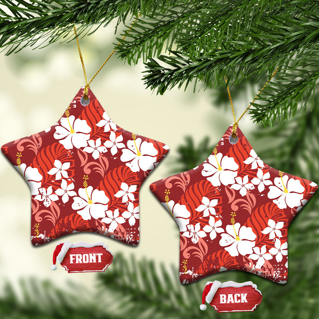 Red Hawaiian Hibiscus Monstera Ceramic Ornament Grunge Stylized LT01 Star Red - Polynesian Pride