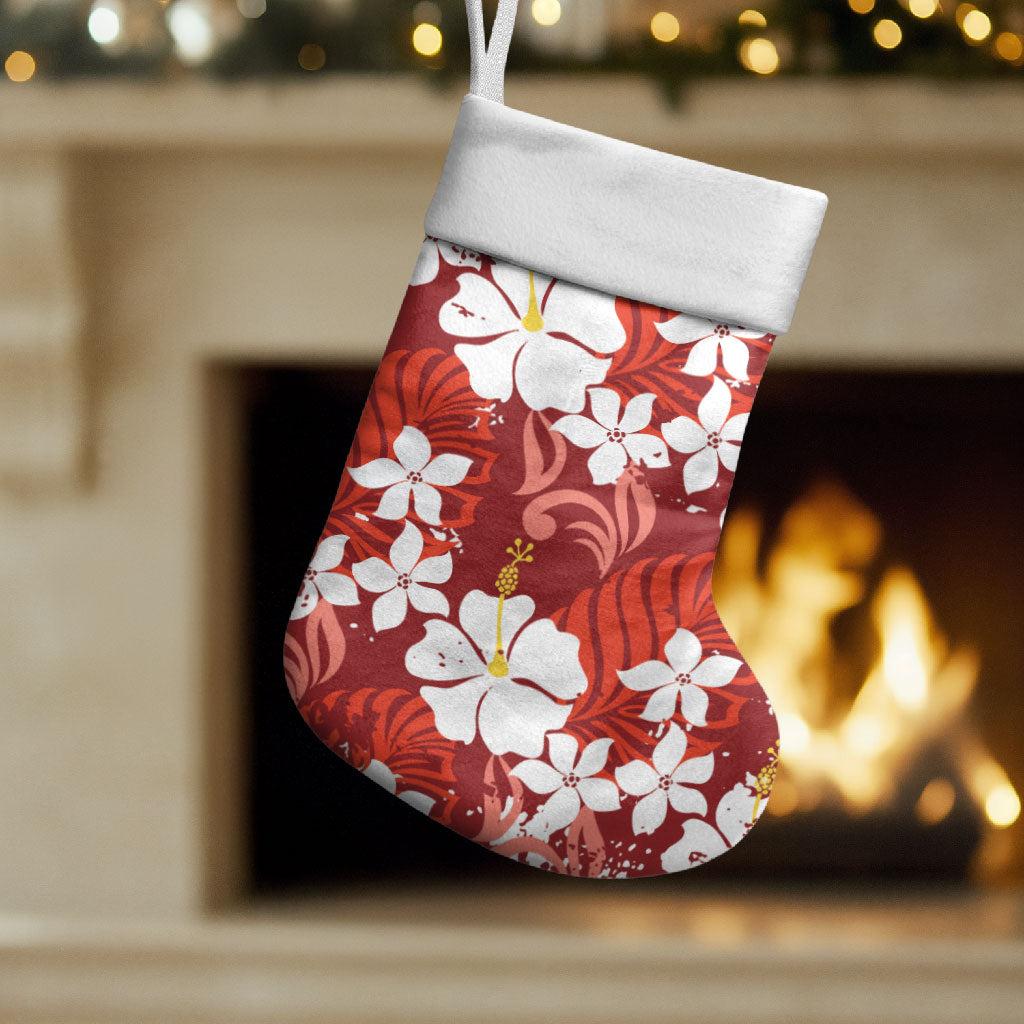 Red Hawaiian Hibiscus Monstera Christmas Stocking Grunge Stylized