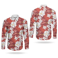 Red Hawaiian Hibiscus Monstera Couples Matching Off Shoulder Maxi Dress and Long Sleeve Button Shirt Grunge Stylized LT01 - Polynesian Pride