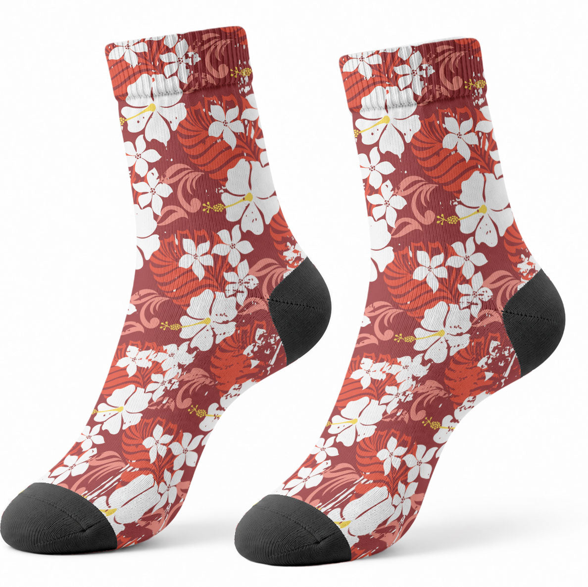 Red Hawaiian Hibiscus Monstera Crew Socks Grunge Stylized LT01 - Polynesian Pride