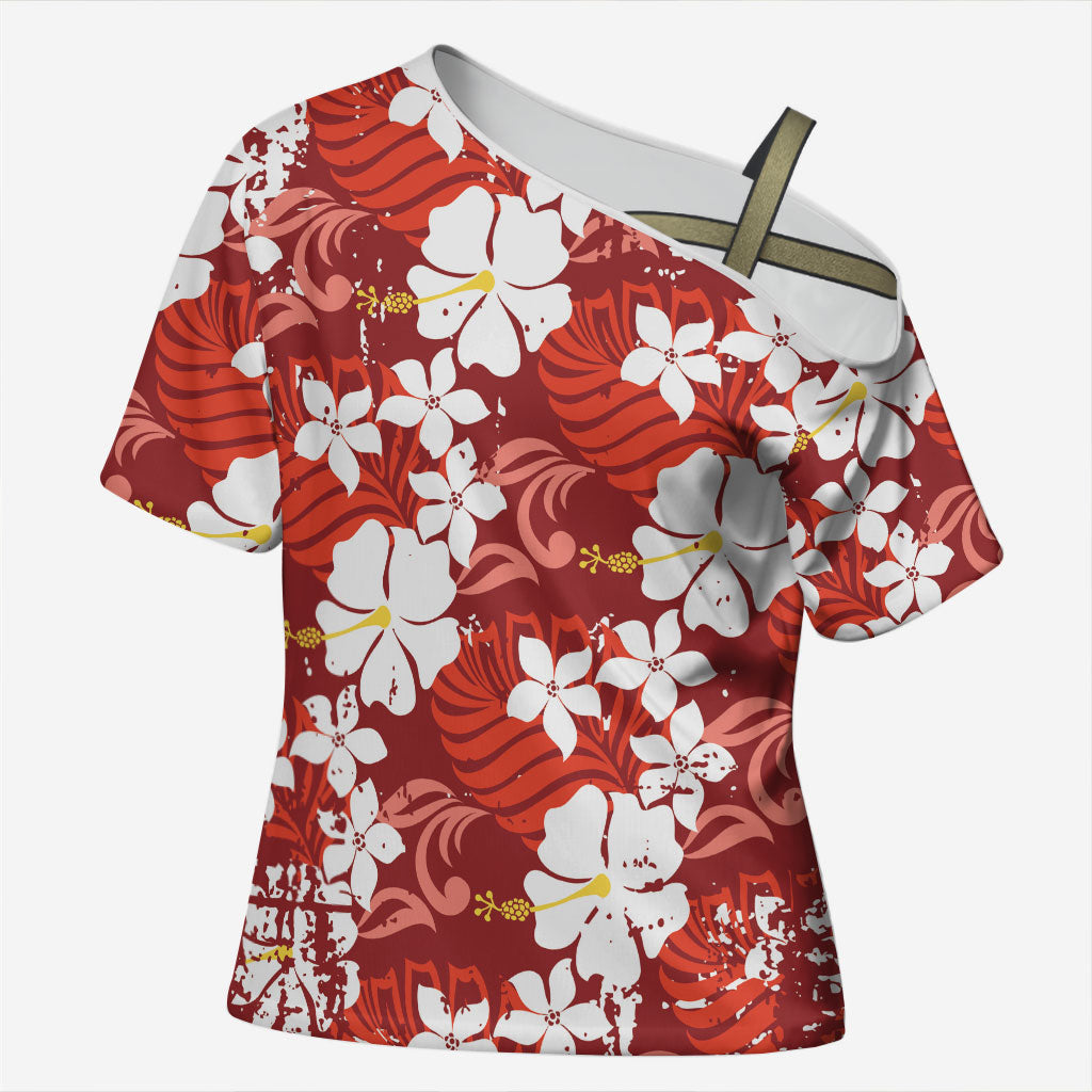 Red Hawaiian Hibiscus Monstera Cross Shoulder Shirt Grunge Stylized