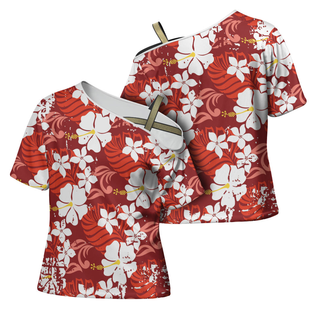 Red Hawaiian Hibiscus Monstera Cross Shoulder Shirt Grunge Stylized