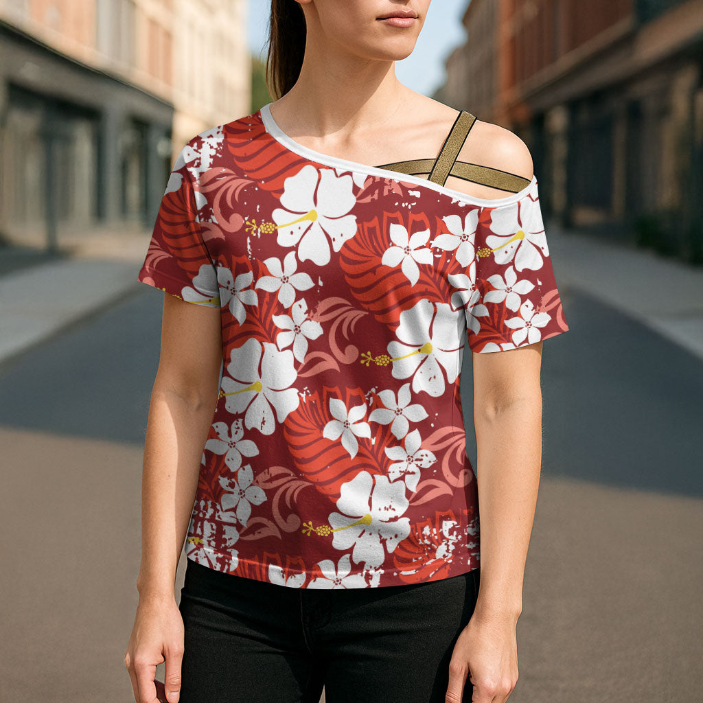 Red Hawaiian Hibiscus Monstera Cross Shoulder Shirt Grunge Stylized