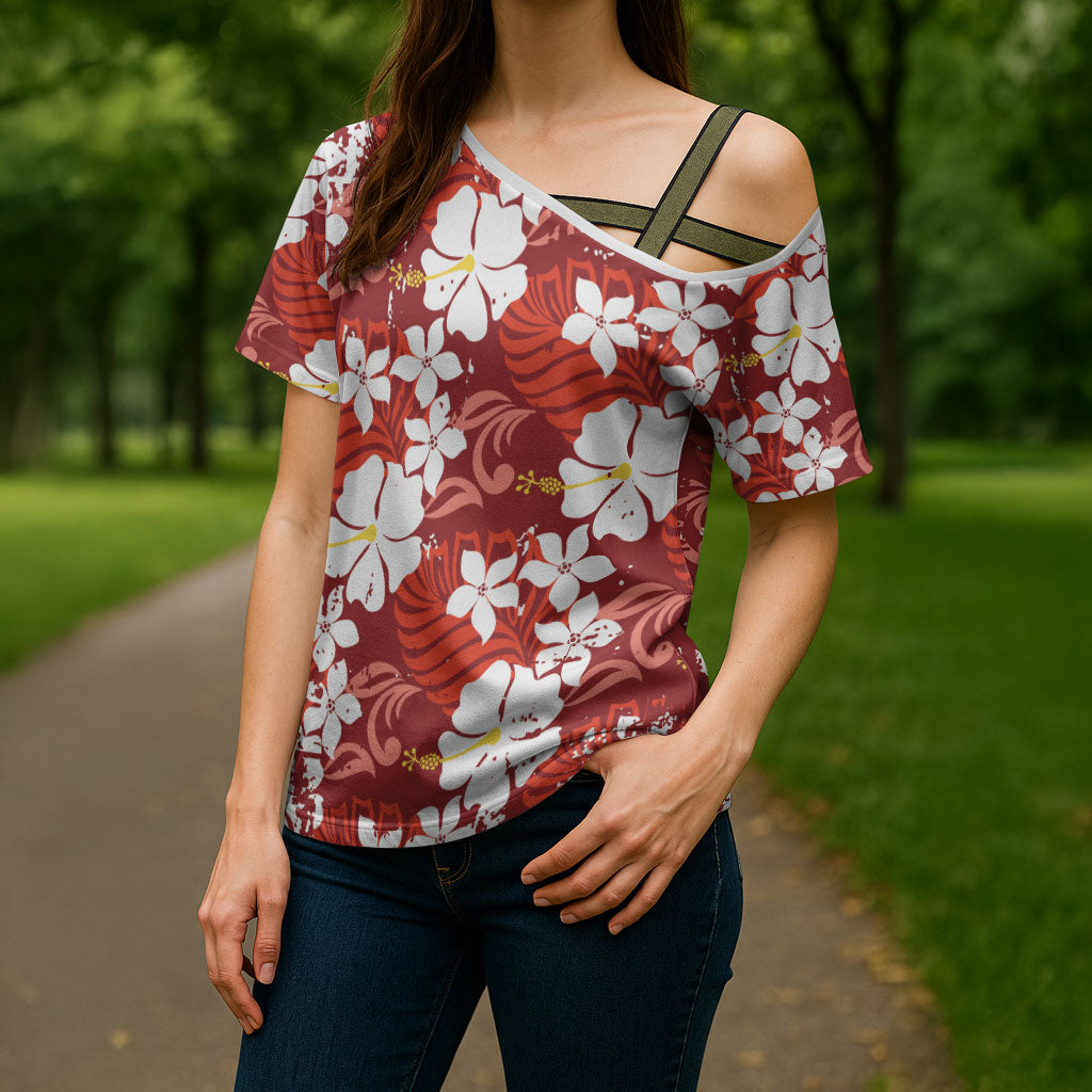 Red Hawaiian Hibiscus Monstera Cross Shoulder Shirt Grunge Stylized